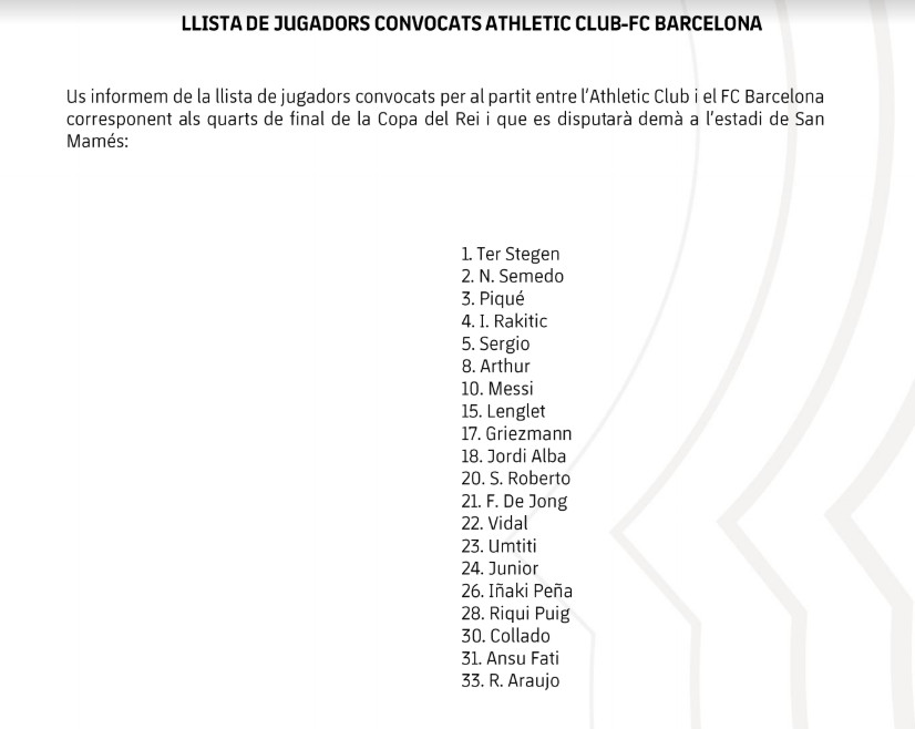 Lista de convocado para el Athletic Club -Barça