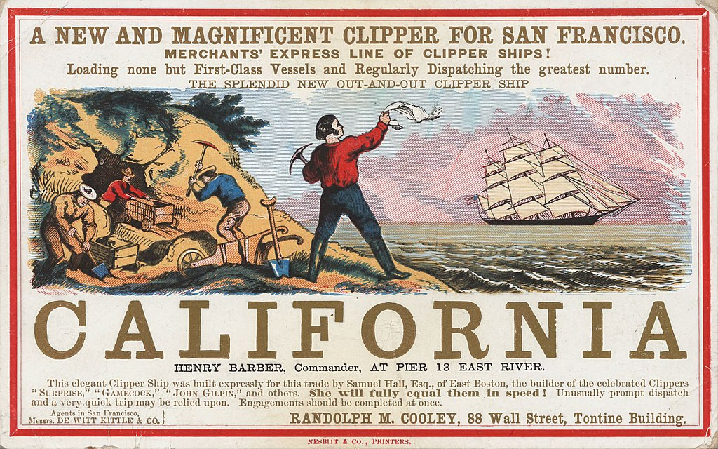 Billete de barco con una escena de la época de la fiebre del oro en California