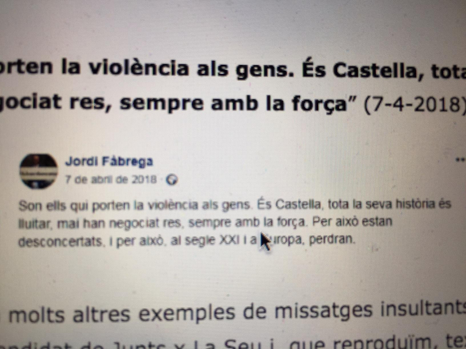 Captura de pantalla del mensaje de Jordi Fàbrega /La Valira