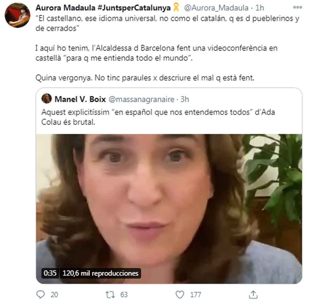 Tuit de Aurora Madaula contra el bilingüismo de Ada Colau / TWITTER