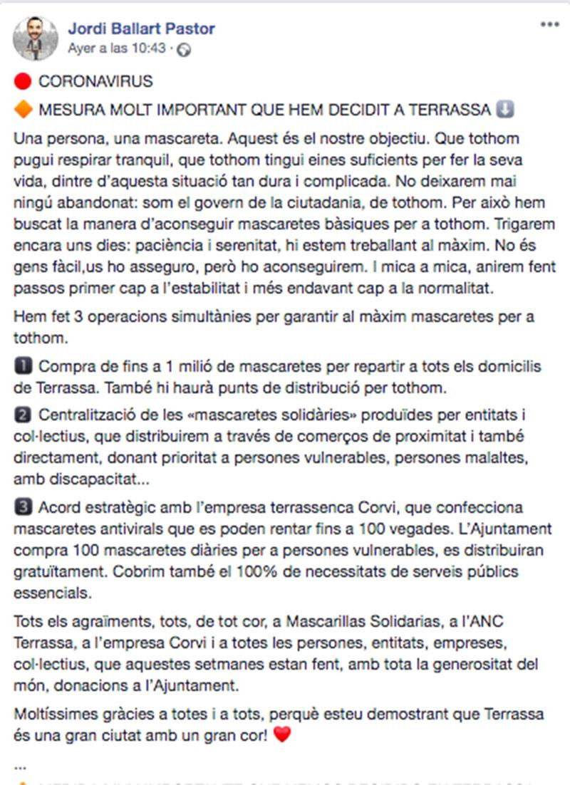 El anuncio del alcalde de Terrassa, Jordi Ballart, de la compra de un millón de mascarillas / FACEBOOK