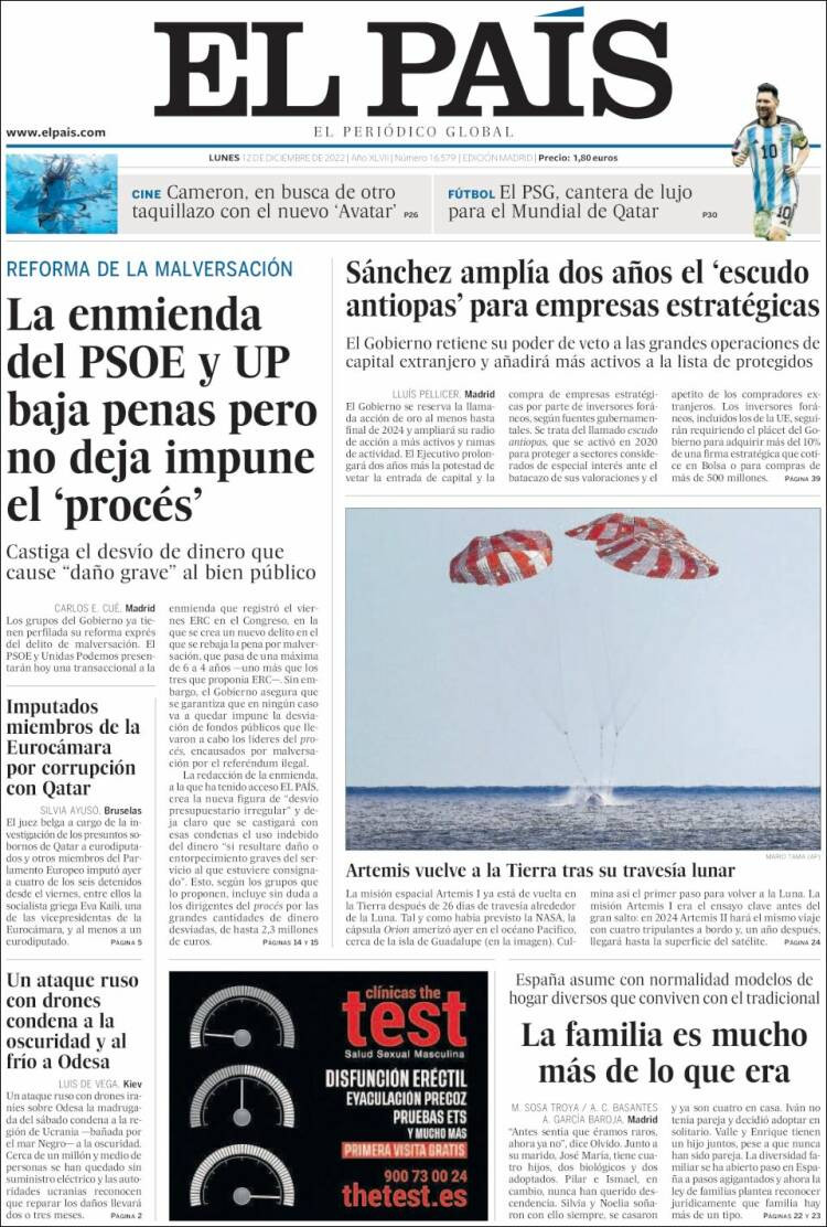 Portada de 'El País' de 12 de diciembre de 2022 / kiosko.net