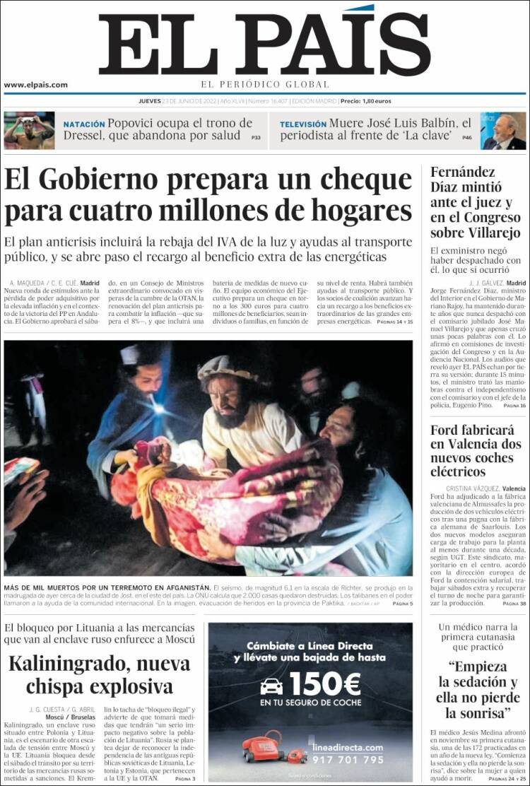 Portada de 'El País' del 23 de junio de 2022 / Kiosko