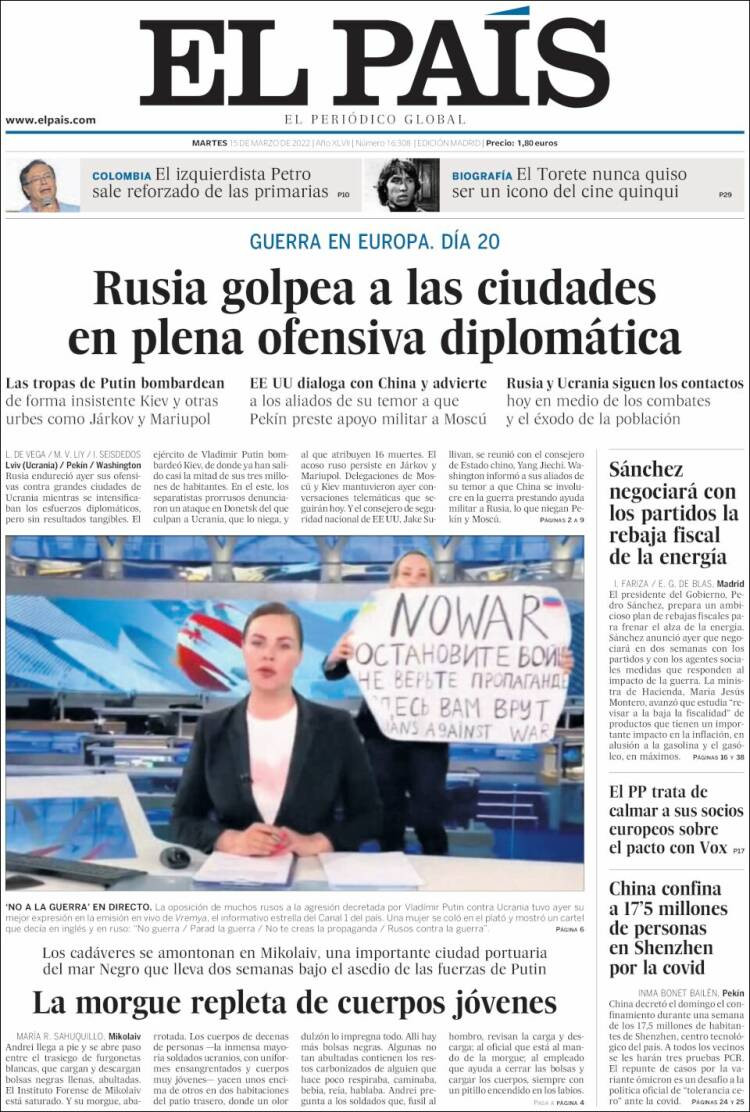 Portada de 'El País' del 15 de marzo de 2022 / KIOSKO.NET