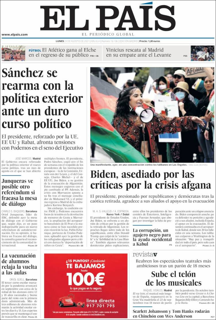 Portada de 'El País' del 23 de agosto de 2021 / KIOSKO.NET