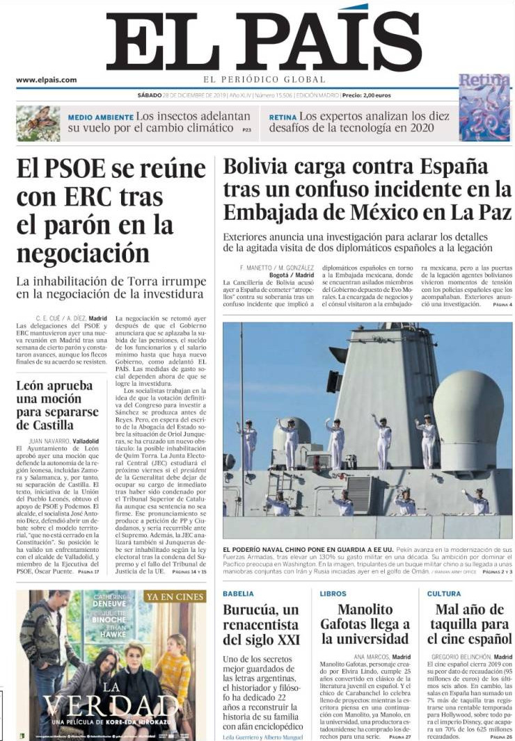 Portada de 'El País' del sábado 28 de diciembre