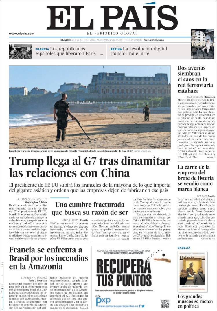 Portada de 'El País' del sábado 24 de agosto