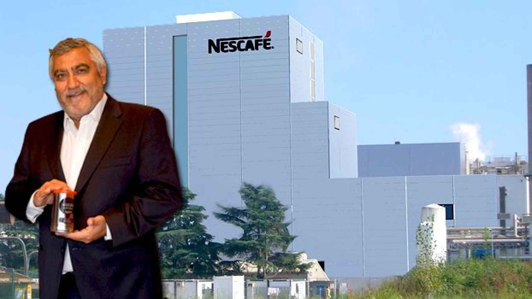 Laurent Dereux, director general de Nestlé España, y la factoría de Nescafé de Girona / FOTOMONTAJE DE CG