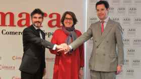 El director general de la AED, Xavier Gangonells (i), la directora general de la Cámara de Comercio de España, Inmaculada Riera (c) y el secretario general de la Cámara de Comercio de España, Adolfo Díaz-Ambrona (d)