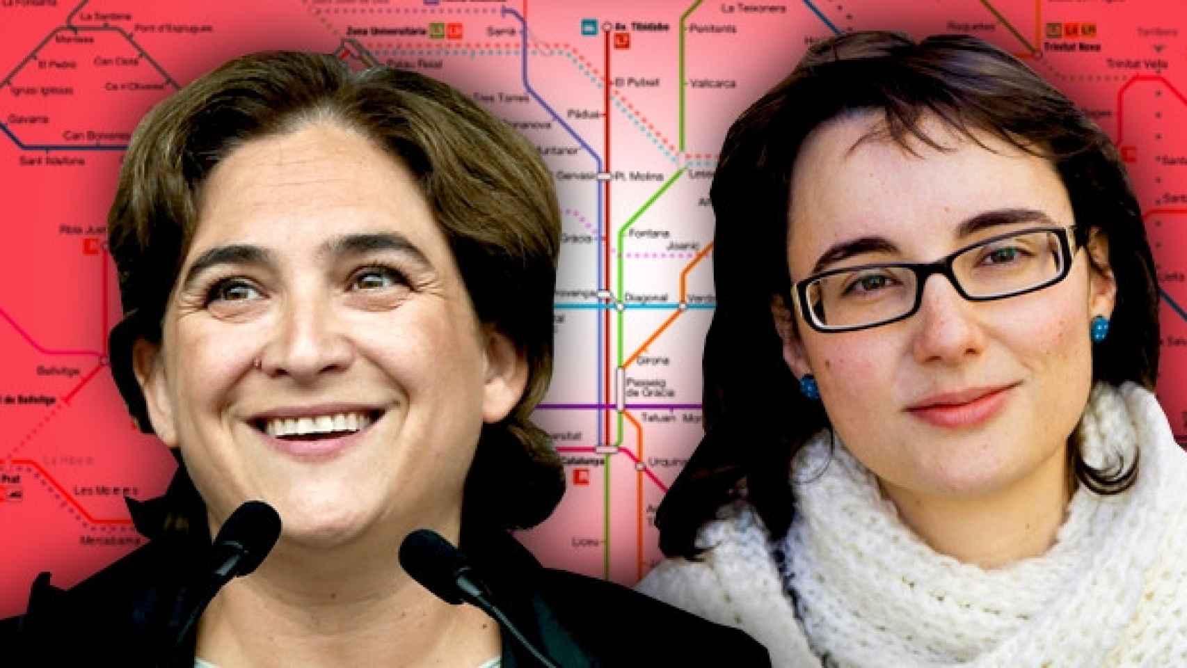 Ada Colau (i), alcaldesa de Barcelona, y Mercedes Vidal (d), concejal de Movilidad, junto a un mapa del metro de la ciudad / FOTOMONTAJE DE CG