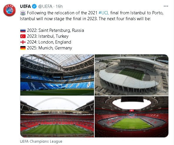 UEFA anuncia sedes das próximas quatro finais de Champions League