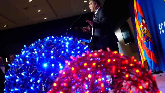 Joan Laporta durante la comida de Navidad con los medios / EFE