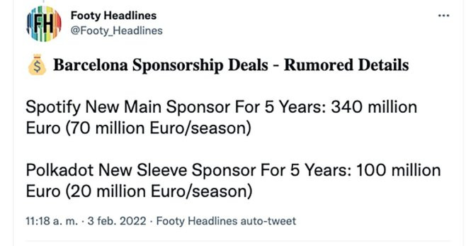 Tweet de Footy Headlines sobre el acuerdo del Barça con Spotify / Footy Headlines