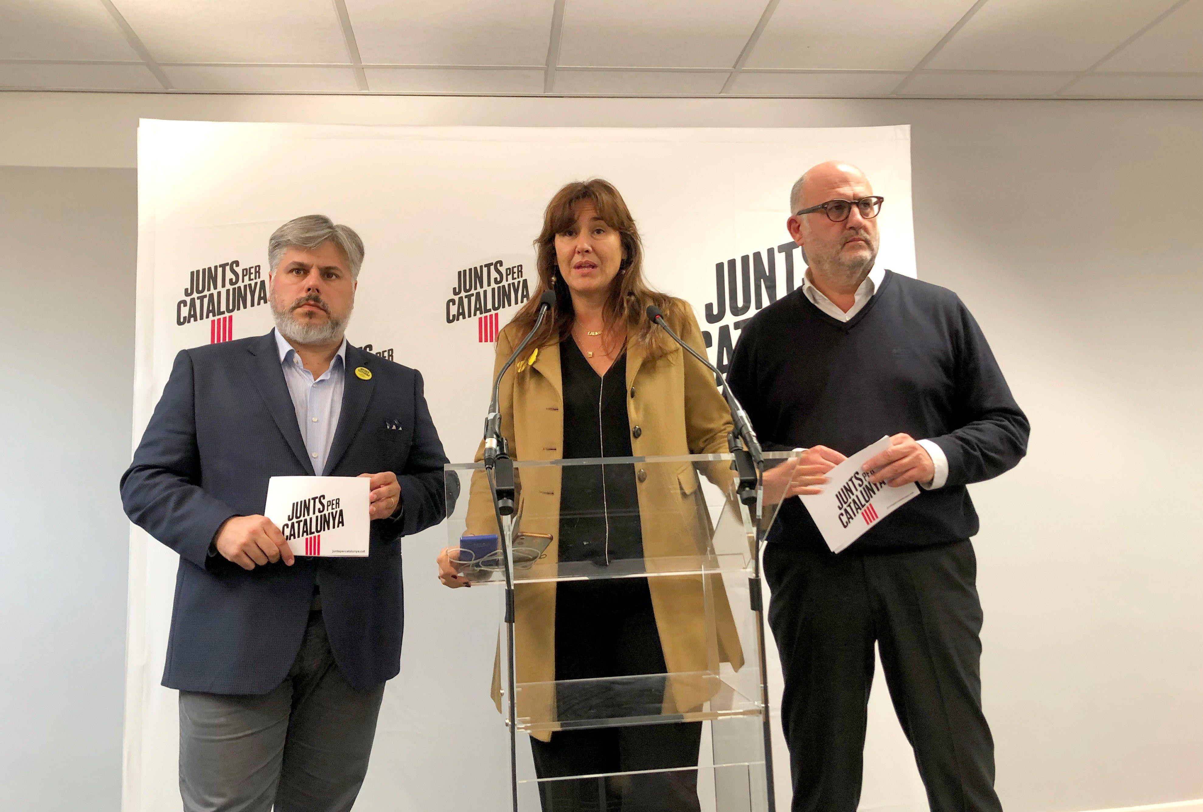 Albert Batet, Laura Borràs y Eduard Pujol, tras la reunión de Junts per Catalunya con Carles Puigdemont en Waterloo / EFE