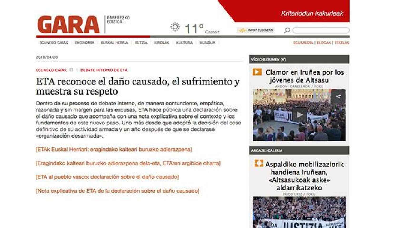 Portada de la web del diario vasco 'Gara', que publica este viernes el comunicado de ETA en el que la organización pide perdón / CG