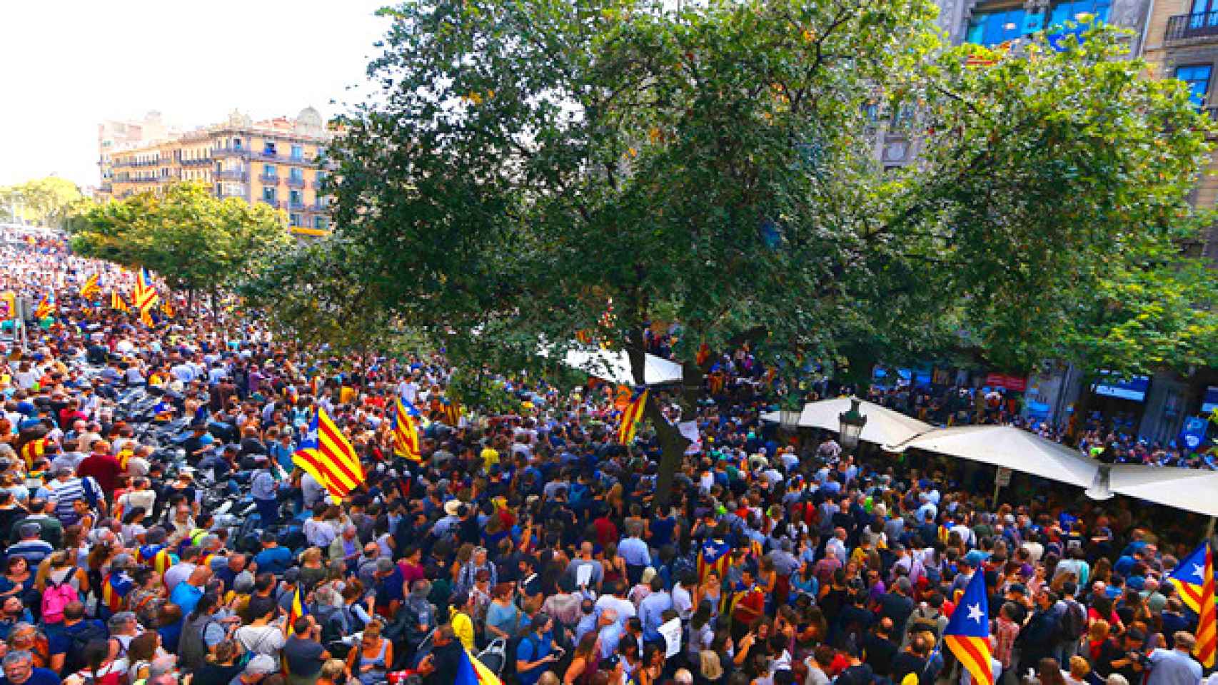 Varios miles de ciudadanos protestan por los registros de la Guardia Civil por el 1-O en la Rambla Catalunya / EFE