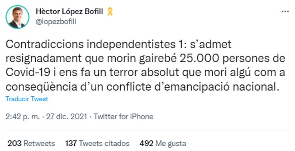 Tuit de Héctor López Bofill del pasado 27 de diciembre / @lopezbofill (TWITTER)