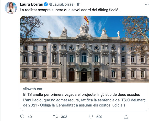Tuit de Laura Borràs tras el posicionamiento del Tribunal Supremo a favor del bilingüismo en las aulas / TWITTER