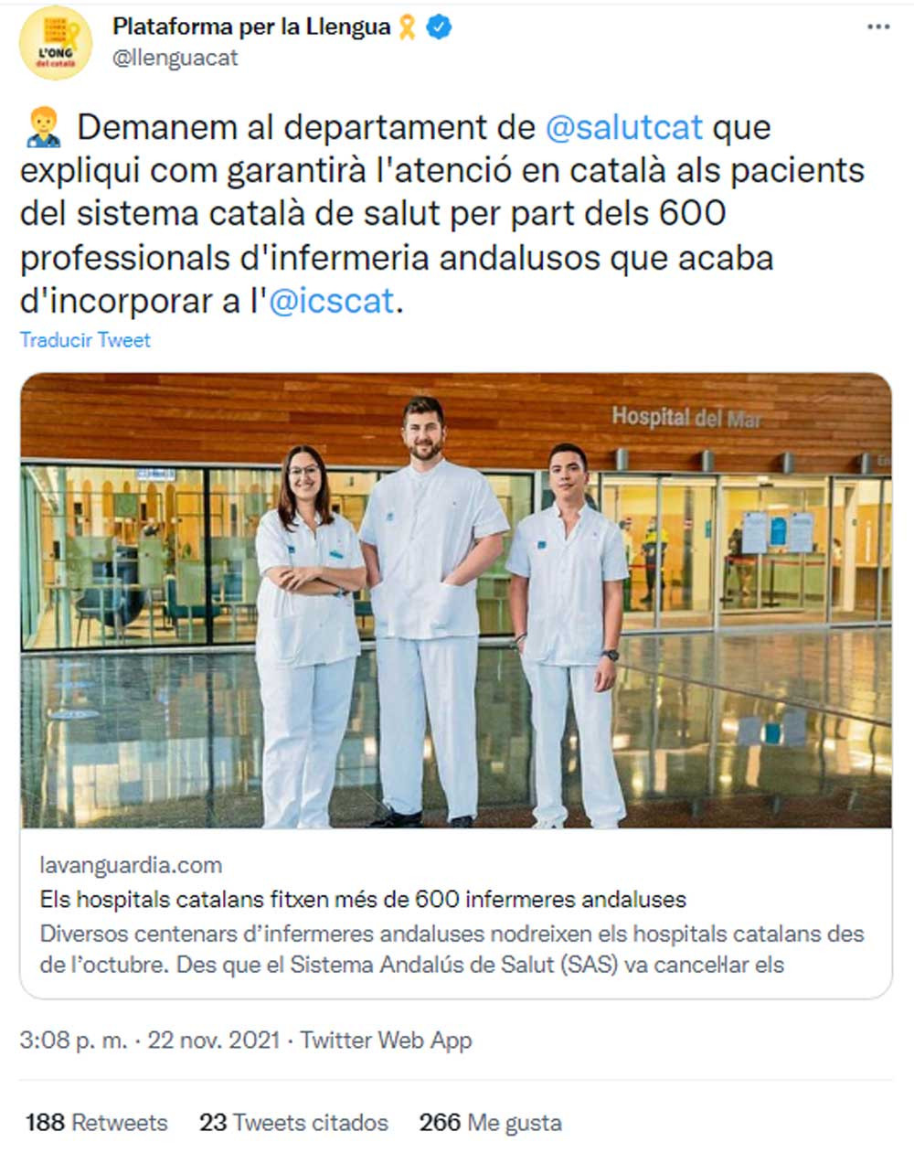 Plataforma per la Llengua, pidiendo explicaciones por la incorporación de 600 enfermeras andaluzas en Cataluña / TWITTER