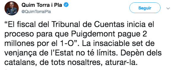 Torra critica con dureza que el Tribunal de Cuentas pueda actuar contra Puigdemont