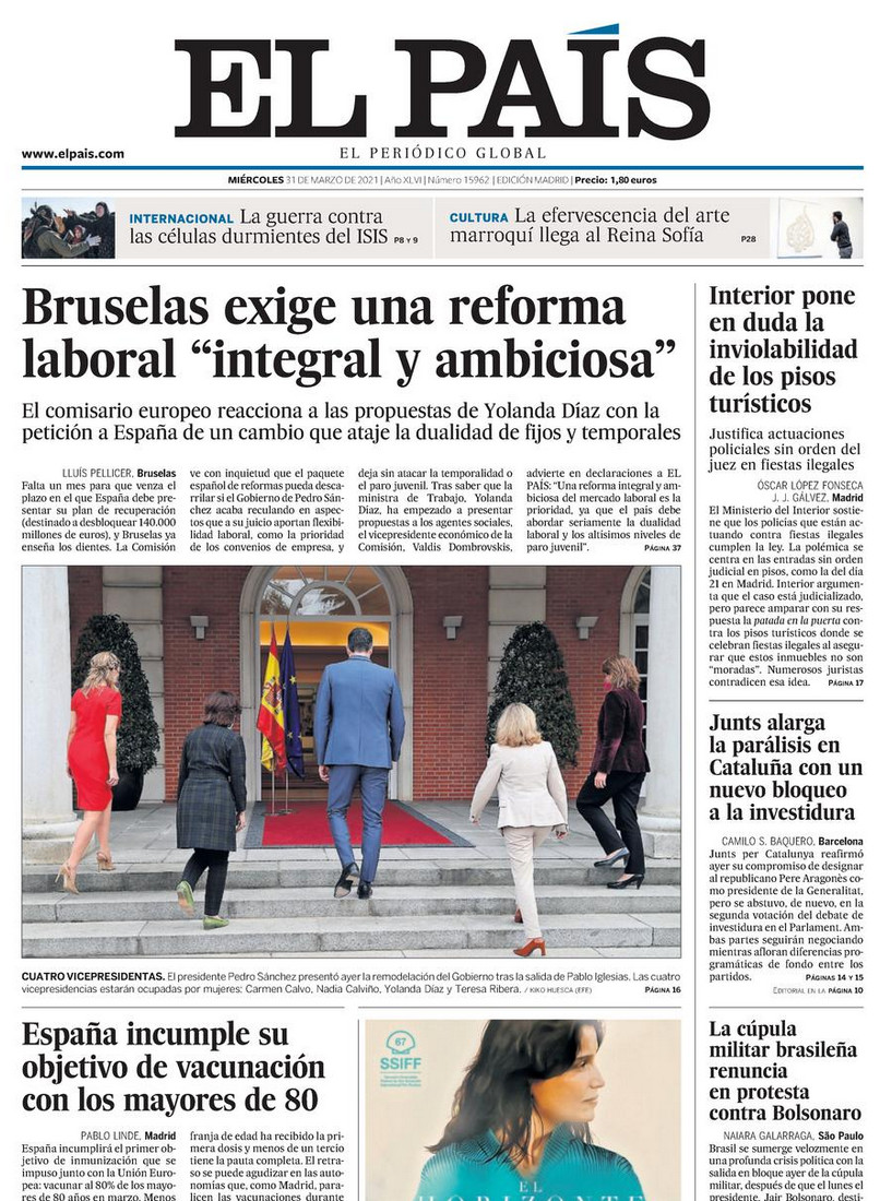 Portada de 'El País' del 31 de marzo de 2021 / EL PAÍS
