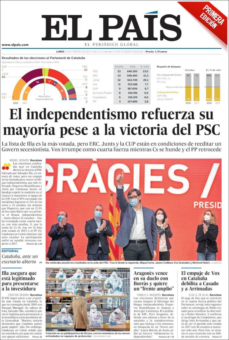 Portada de 'El País' del lunes 15 de febrero