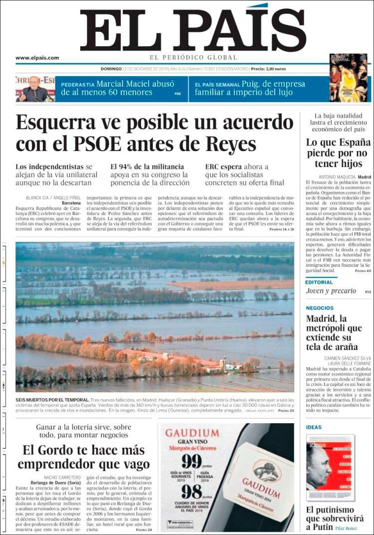 Portada de 'El País' del domingo 22 de diciembre de 2019