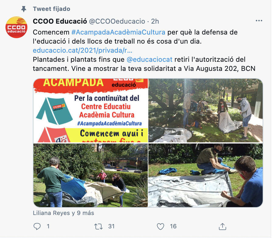 Tuit en el que CCOO anuncia de la acampada ante el Departament de Educación / CCOO