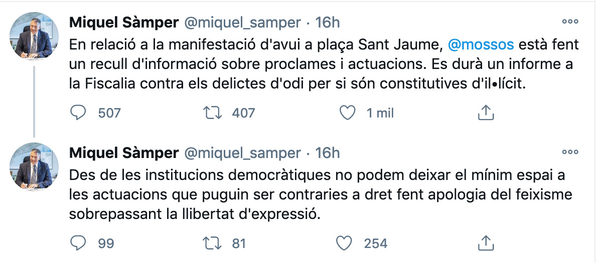 El 'conseller' Miquel Sàmper anuncia que los Mossos investigan el acto de Sant Jaume / TWITTER