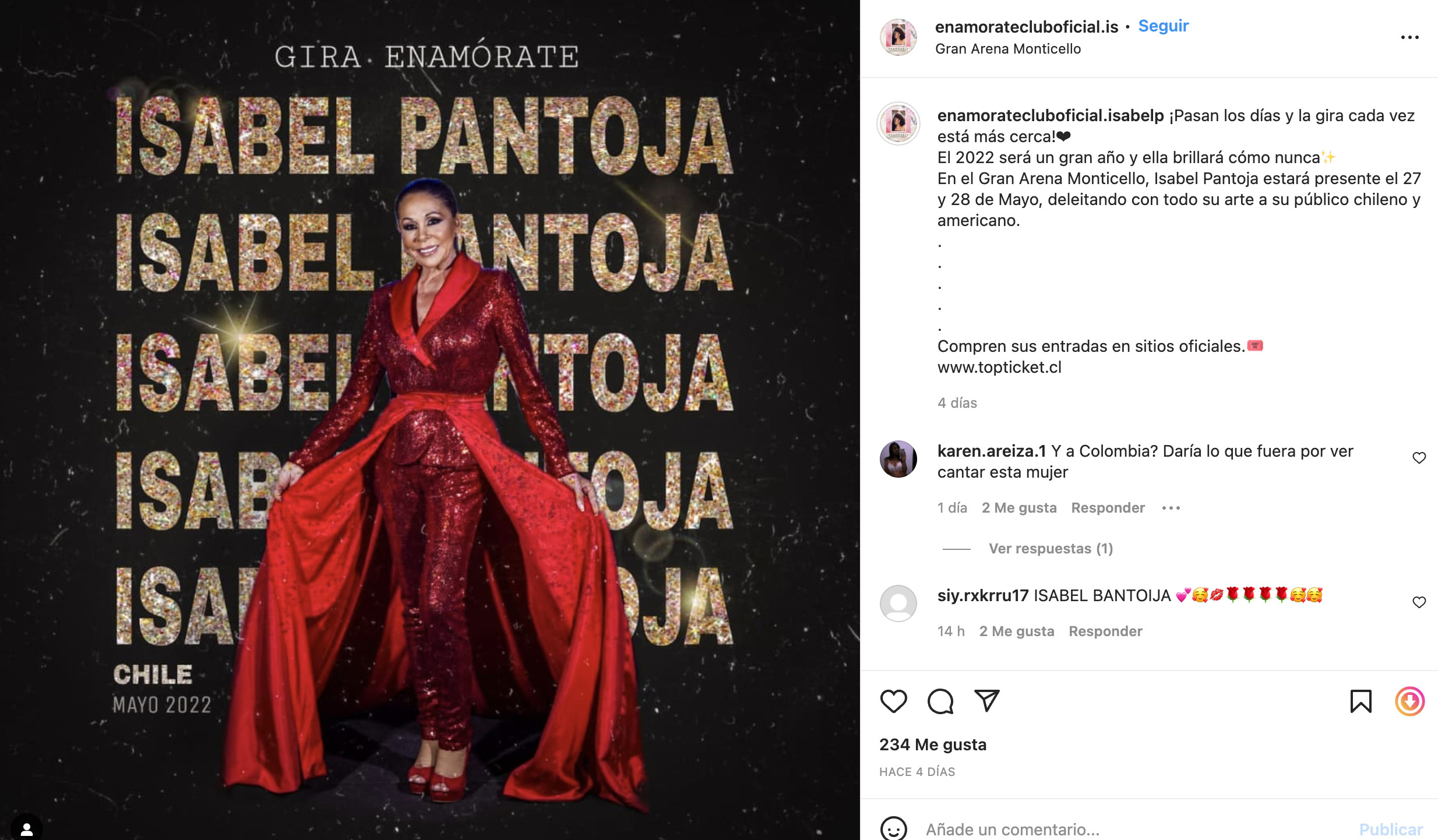 Publicación del club de fans de Isabel Pantoja en Instagram / @enamoratecluboficial.isabelp