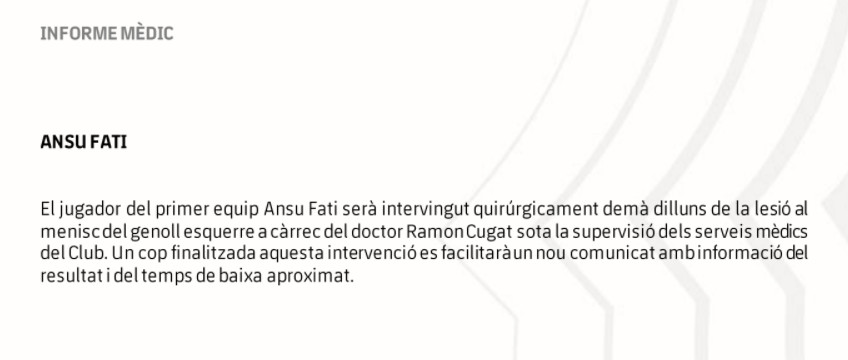 Comunicado del club sobre la lesión de Ansu Fati / FC Barcelona