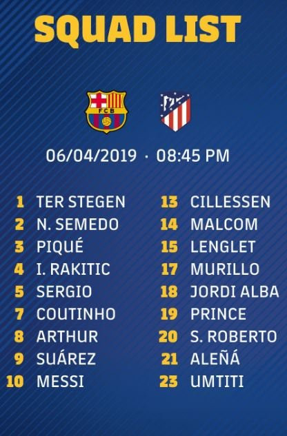 Los 18 convocados de Valverde para el Barça-Atlético / FCB