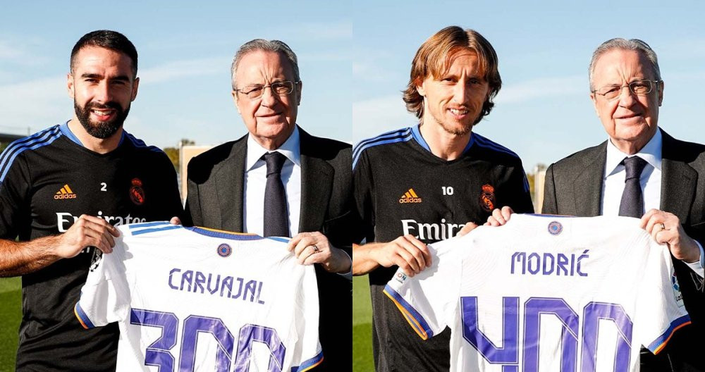 Dani Carvajal y Luka Modric, junto a Florentino Pérez / Real Madrid