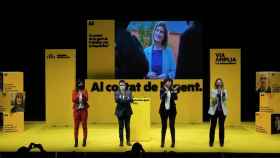Marta Vilalta, Pere Aragonès, Teresa Jordà y Raquel Sans (de izquierda a derecha) en el primer acto de campaña de ERC