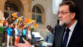 Mariano Rajoy observa a los niños de un colegio con banderas independentistas / FOTOMONTAJE DE CG