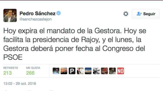 Imagen de uno de los mensajes de Twitter emitidos por la cuenta de Pedro Sánchez / CG