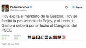 Imagen de uno de los mensajes de Twitter emitidos por la cuenta de Pedro Sánchez / CG