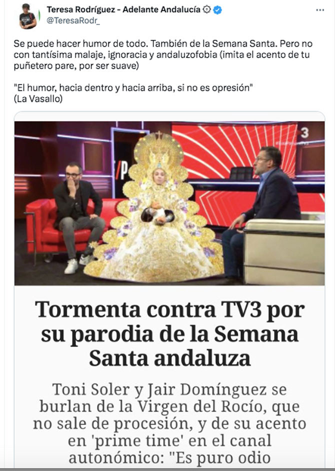 El tuit de Teresa Rodríguez sobre el 'sketch' de TV3 / CEDIDA