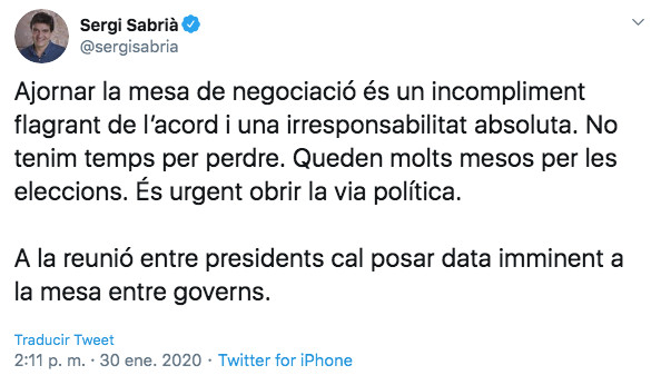 Tuit de Sergi Sabrià contra el aplazamiento de la mesa de diálogo