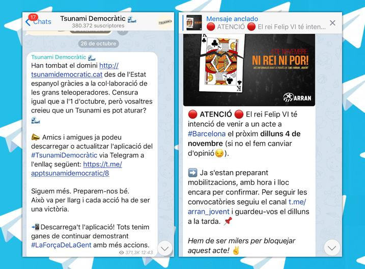 Dos mensajes de Tsunami Democràtic en Telegram / FOTOMONTAJE DE CG