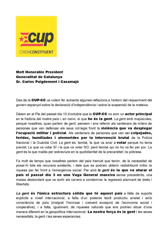 Carta de la CUP al president de la Generalitat, Carles Puigdemont / CG