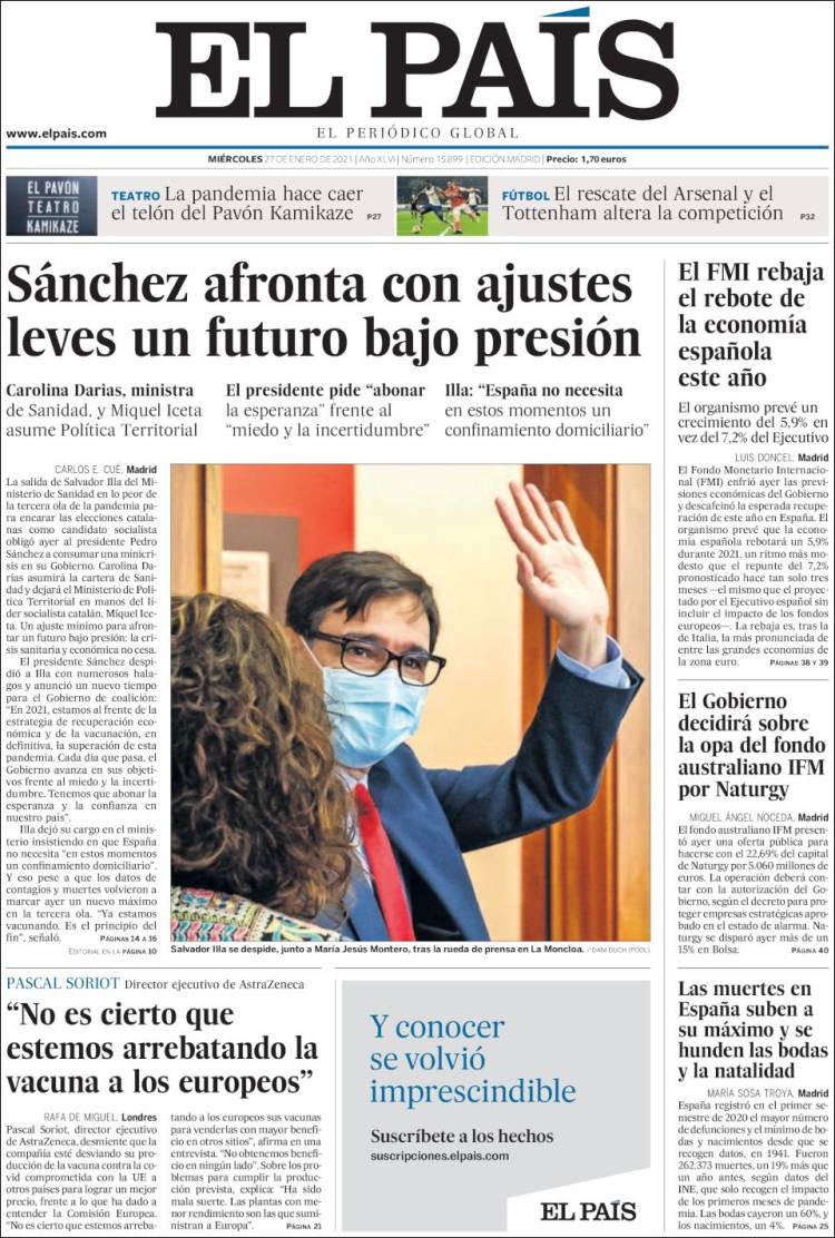 Portada de 'El País' del 27 de enero de 2021 / EL PAÍS