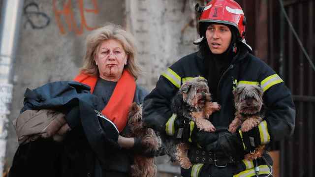 Un rescatista ucraniano ayuda este lunes a una mujer herida y a sus perros tras un bombardeo en el centro de Kiev (Ucrania) / EFE