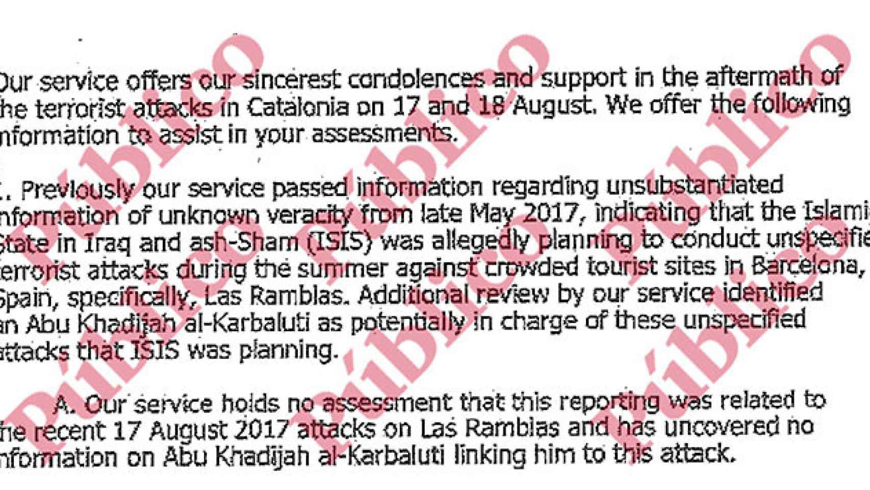 El documento en el que la inteligencia de EEUU confirma que el aviso de mayo a los Mossos no tenía relación con el atentado del 17A / PÚBLICO