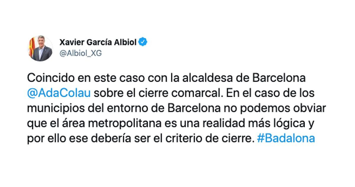 El mensaje de Xavier García Albiol de apoyo a la iniciativa de Ada Colau / TUITER