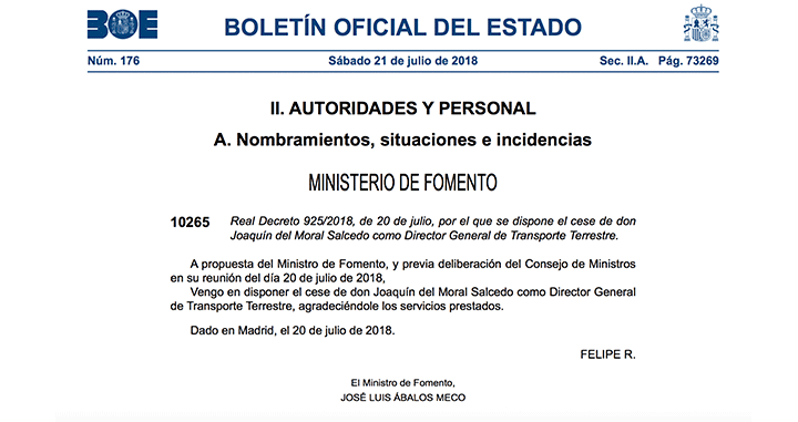 Anuncio del BOE sobre el cese de Joaquín del Moral Salcedo, exdirector general de Transporte Terrestre / CG