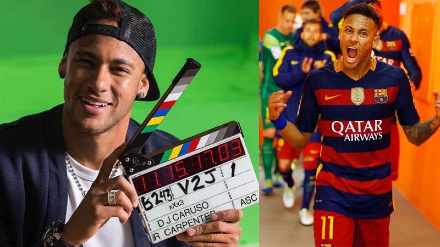 Neymar, con una claqueta en Hollywood y con la camiseta del Barça.