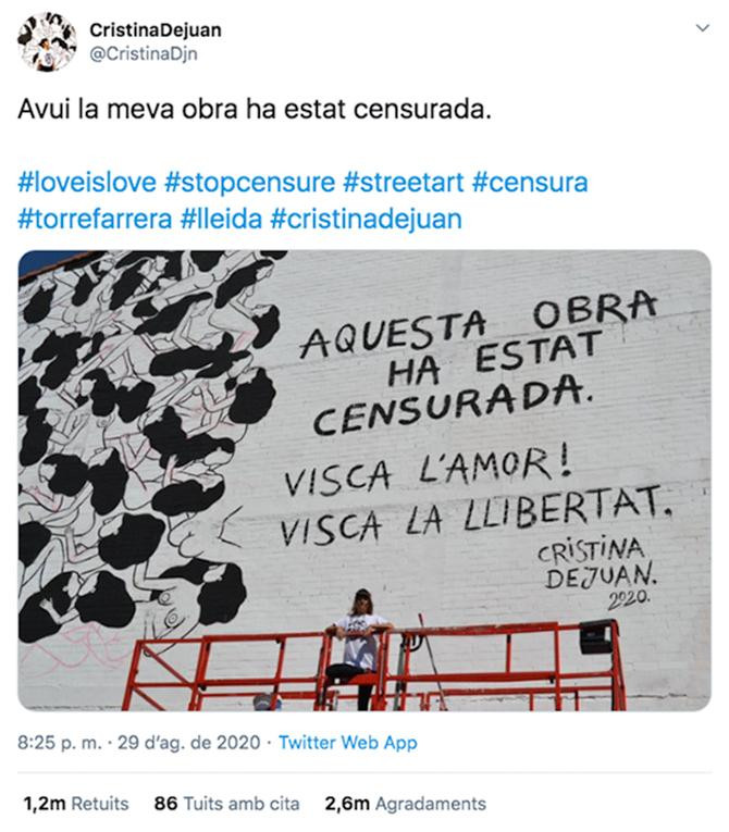 El tuit en el que la artista Cristina Dejuan denuncia la censura de su mural / TWITTER