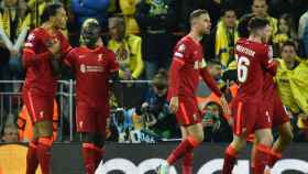 El Liverpool, celebrando un gol en el Estadio de la Cerámica / EFE
