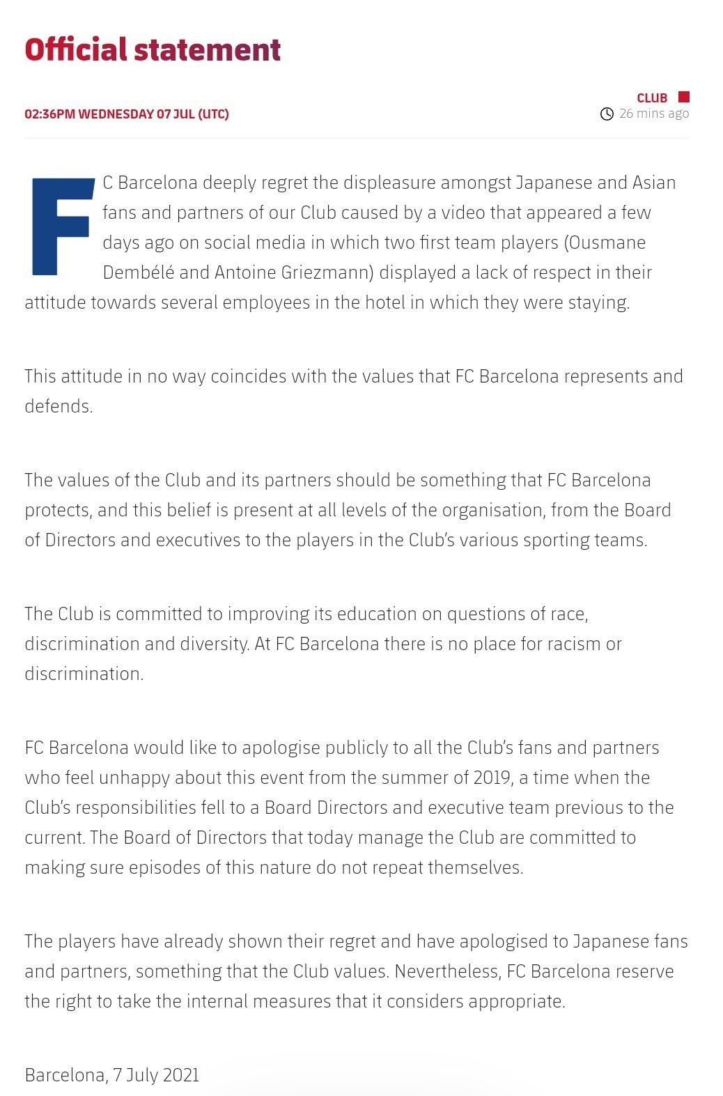 Comunicado oficial del Barça ante la situación del vídeo / FC Barcelona